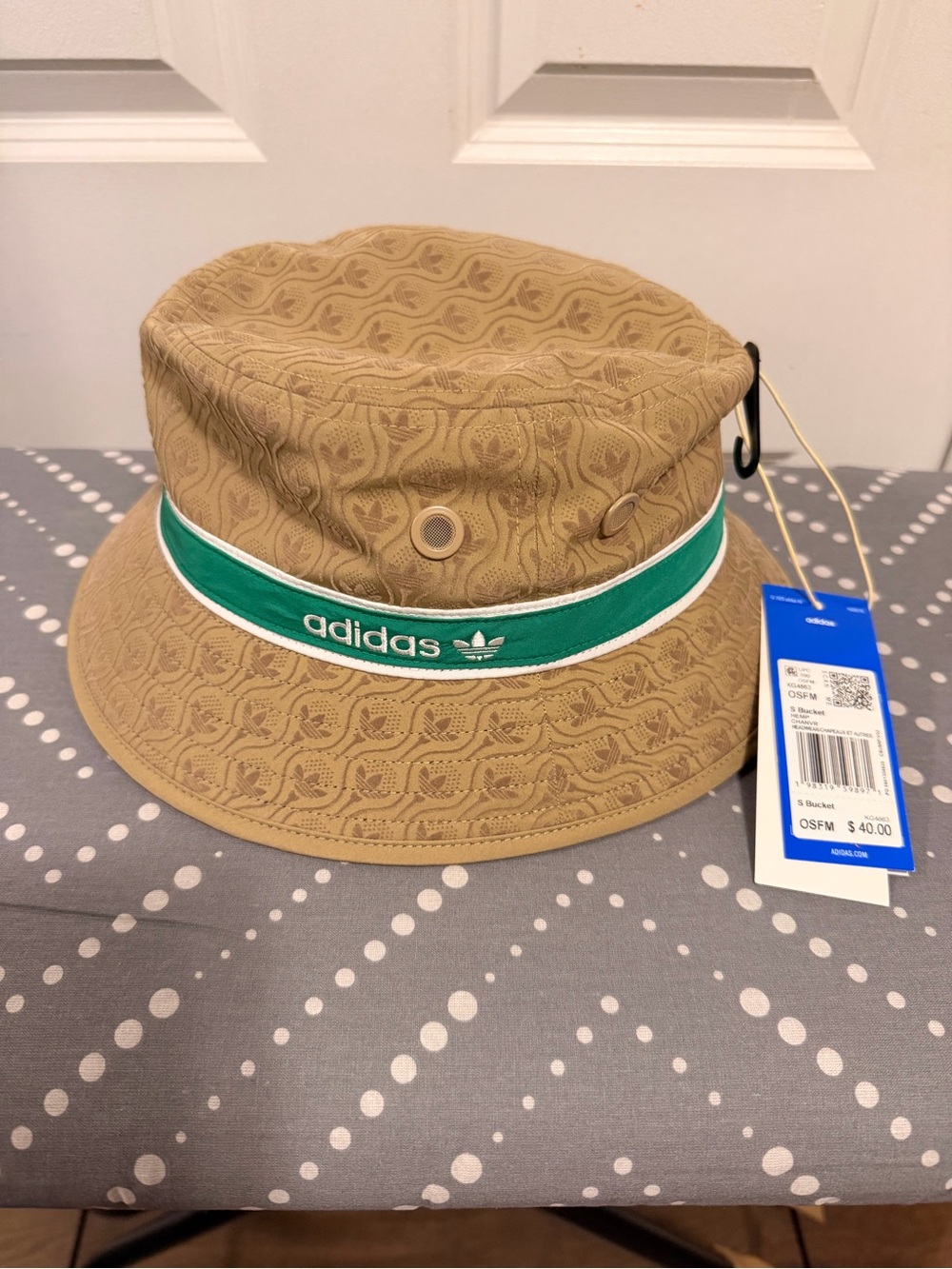 adidas Tan Bucket Hat with Green Band